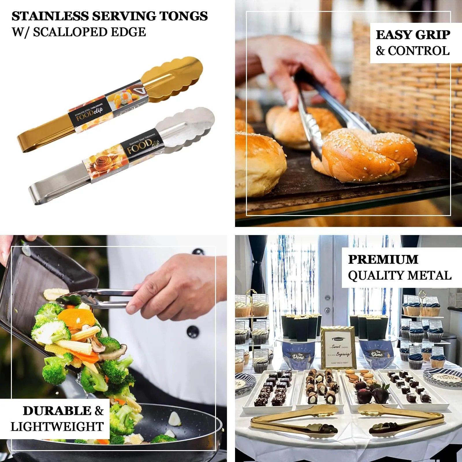 10 Pack Silver Metal Kitchen Tongs with Scalloped Edge, 9.5" Non Slip Easy Grip Stainless Steel Serving Tongs