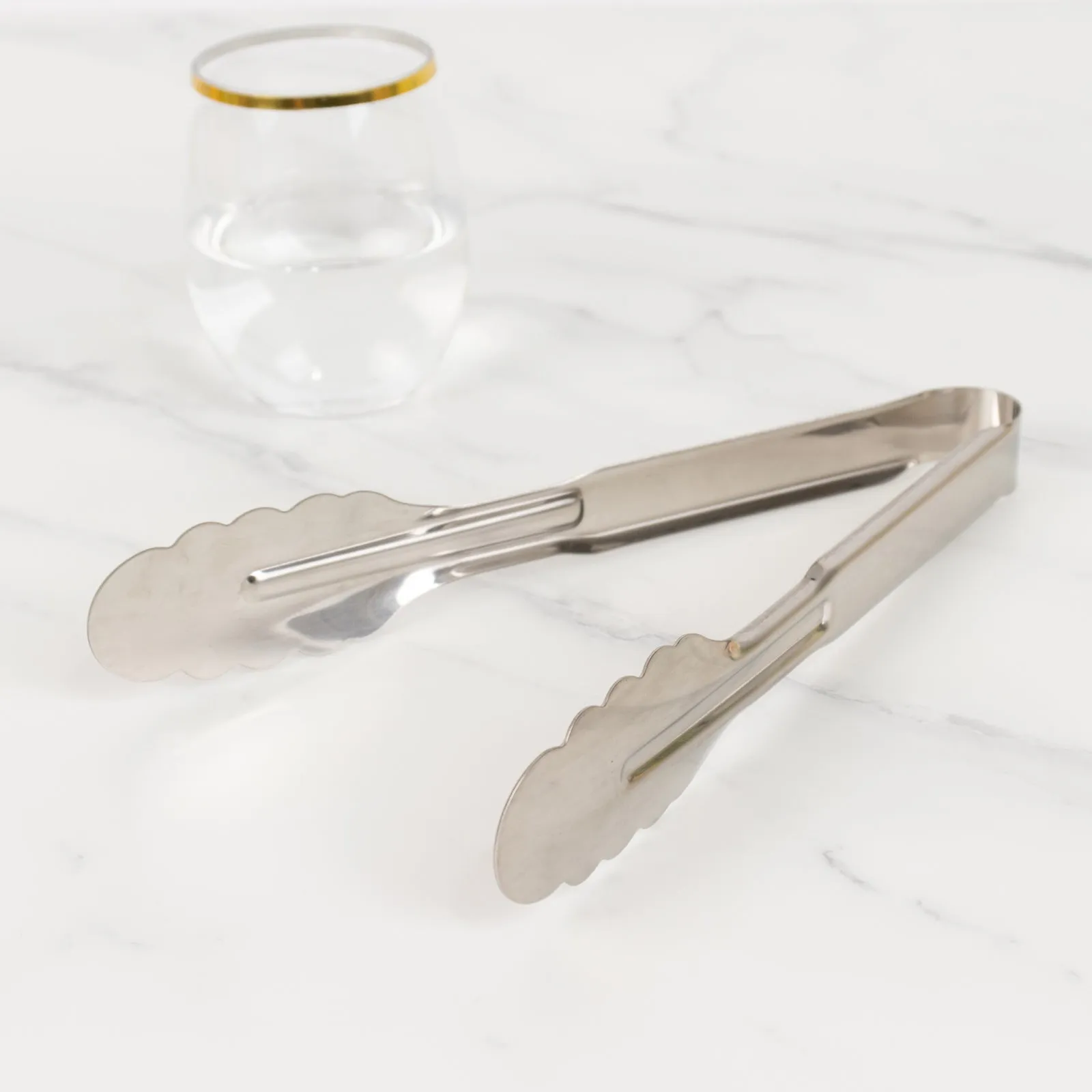10 Pack Silver Metal Kitchen Tongs with Scalloped Edge, 9.5" Non Slip Easy Grip Stainless Steel Serving Tongs