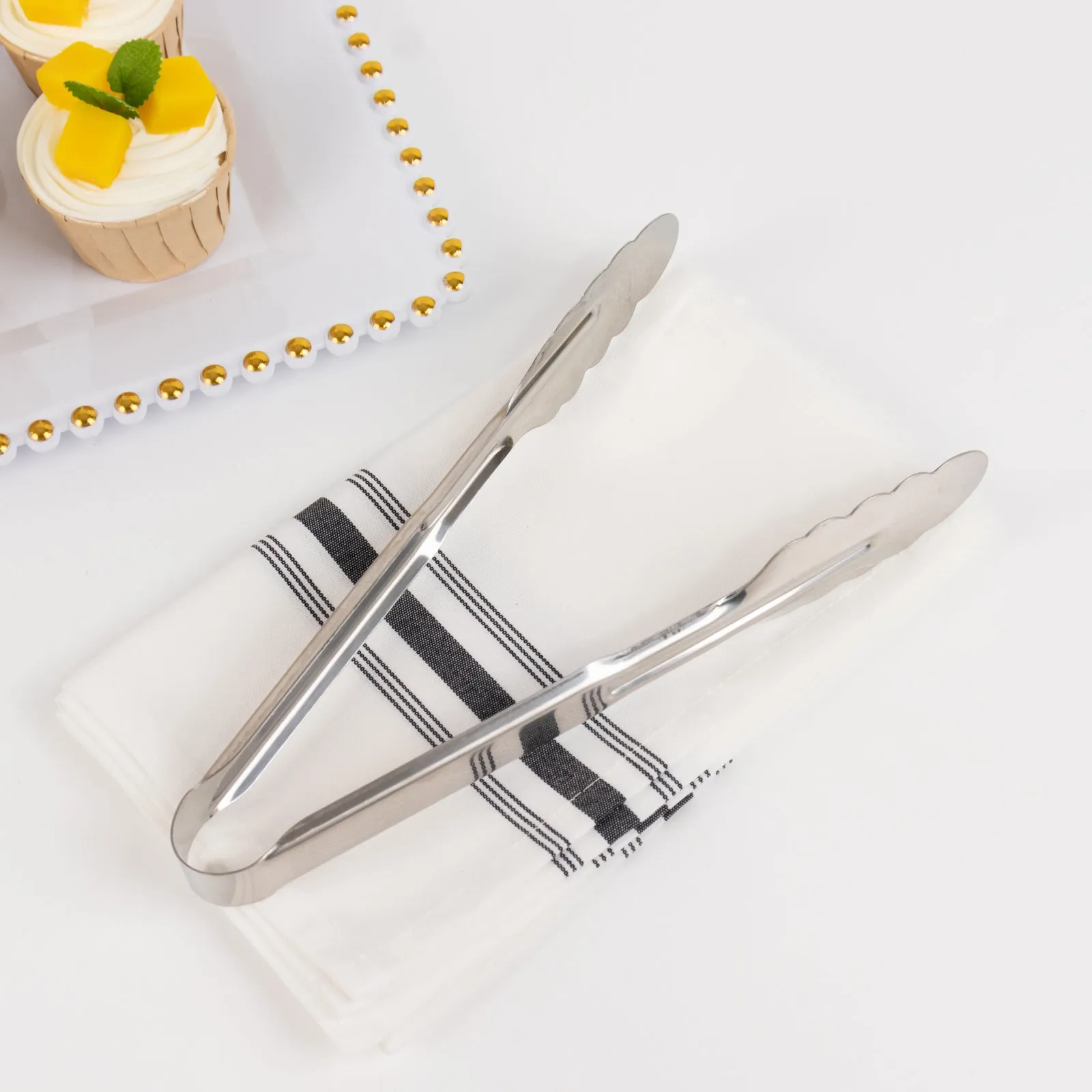 10 Pack Silver Metal Kitchen Tongs with Scalloped Edge, 9.5" Non Slip Easy Grip Stainless Steel Serving Tongs