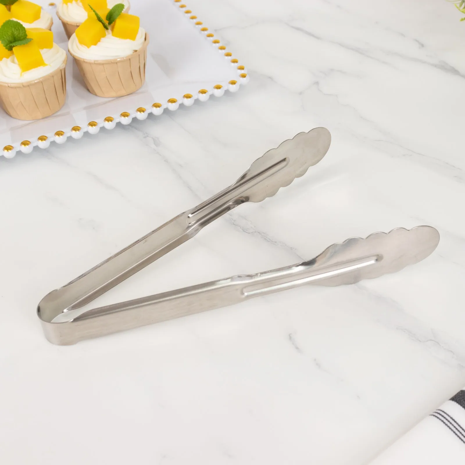 10 Pack Silver Metal Kitchen Tongs with Scalloped Edge, 9.5" Non Slip Easy Grip Stainless Steel Serving Tongs