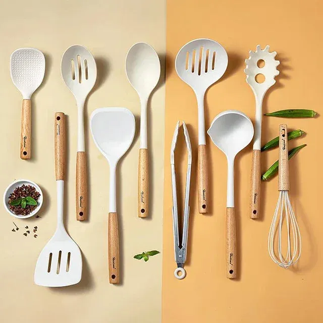 10 Piece Non Stick Silicone Kitchen Utensil Set With Wooden Handles