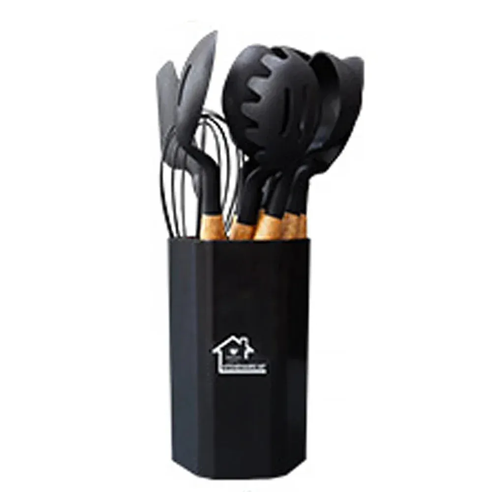 11 Piece Non Stick Silicone Kitchen Utensil Set With Wooden Handles