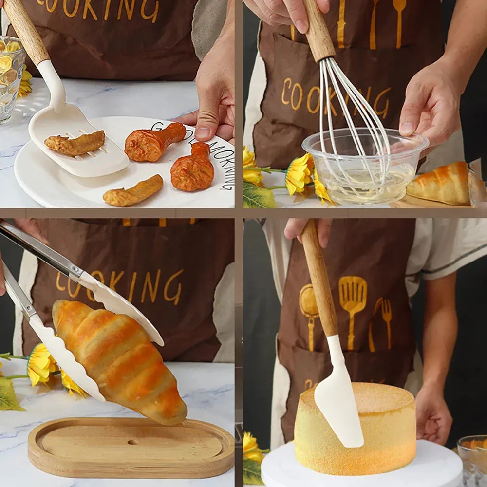 11 Piece Non Stick Silicone Kitchen Utensil Set With Wooden Handles