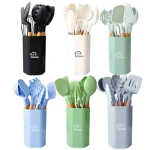 11 Piece Non Stick Silicone Kitchen Utensil Set With Wooden Handles