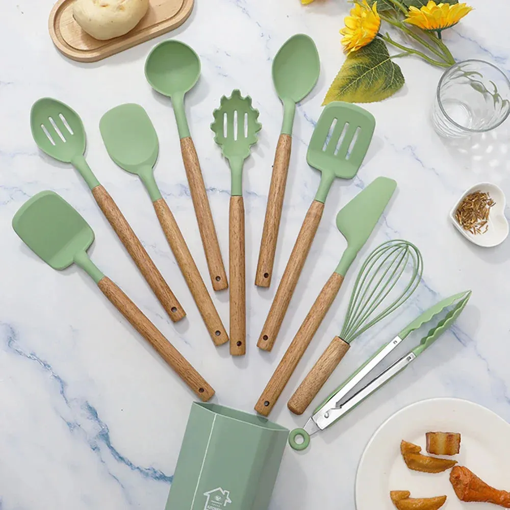 11 Piece Non Stick Silicone Kitchen Utensil Set With Wooden Handles