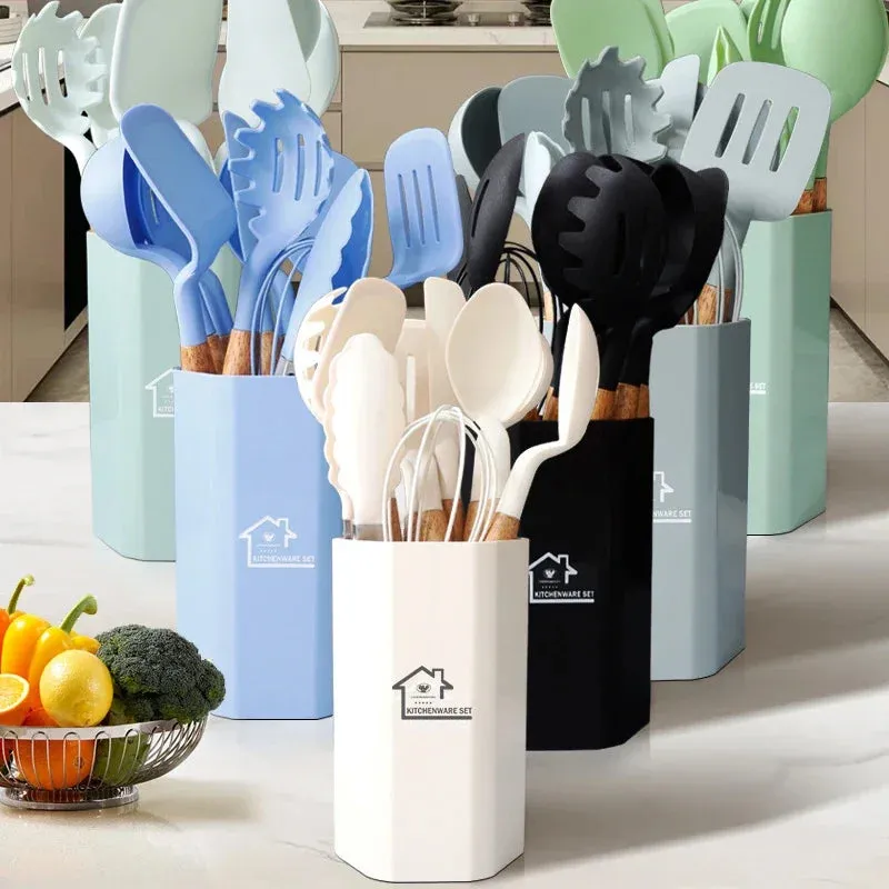 11 Piece Non Stick Silicone Kitchen Utensil Set With Wooden Handles