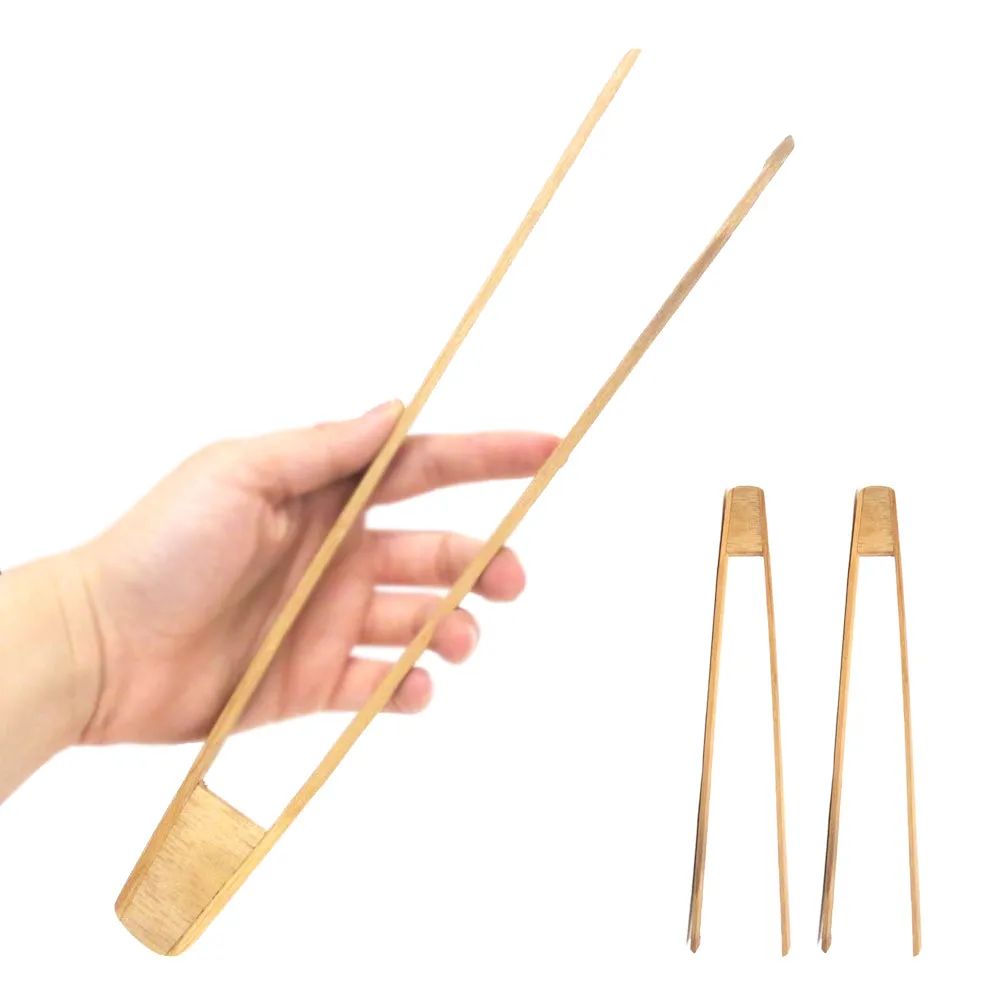 2 Bamboo Toaster Tongs Wood Kitchen Accessory Toast Fruits Bread Bagel Chopstick