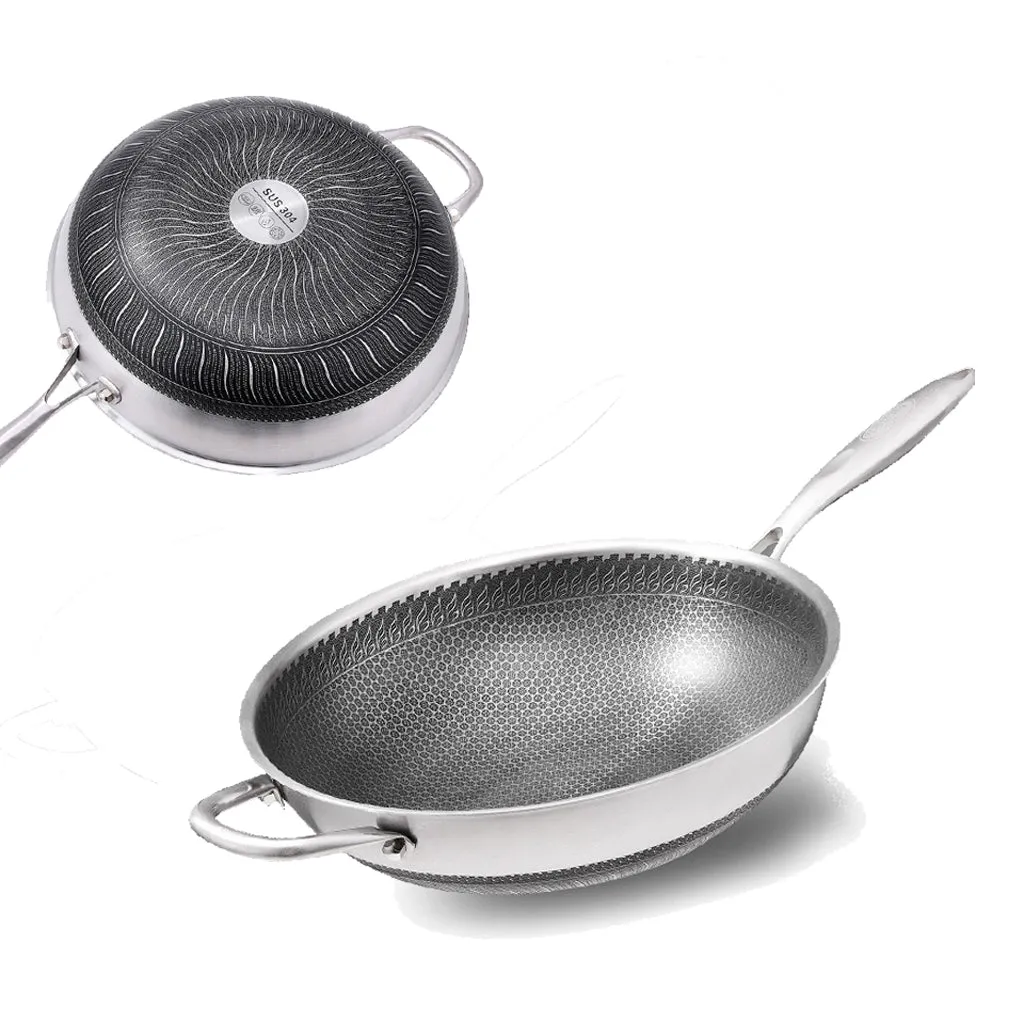 304 Stainless Steel 32cm Non-Stick Stir Fry Wok Pan | Honeycomb Double Sided | With Lid