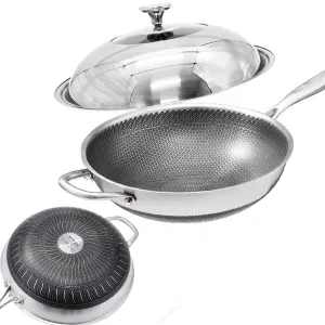 304 Stainless Steel 32cm Non-Stick Stir Fry Wok Pan | Honeycomb Double Sided | With Lid