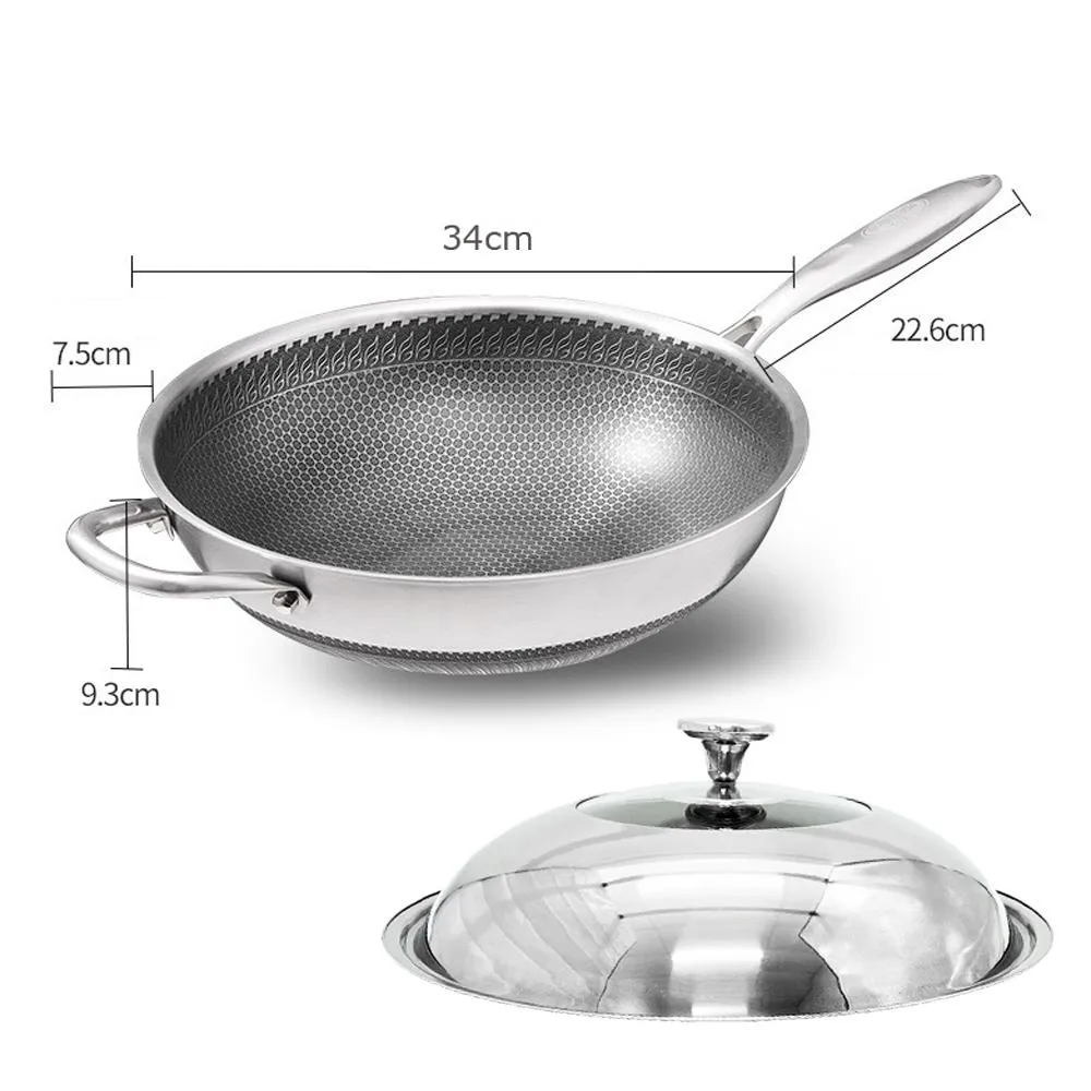 304 Stainless Steel 32cm Non-Stick Stir Fry Wok Pan | Honeycomb Double Sided | With Lid