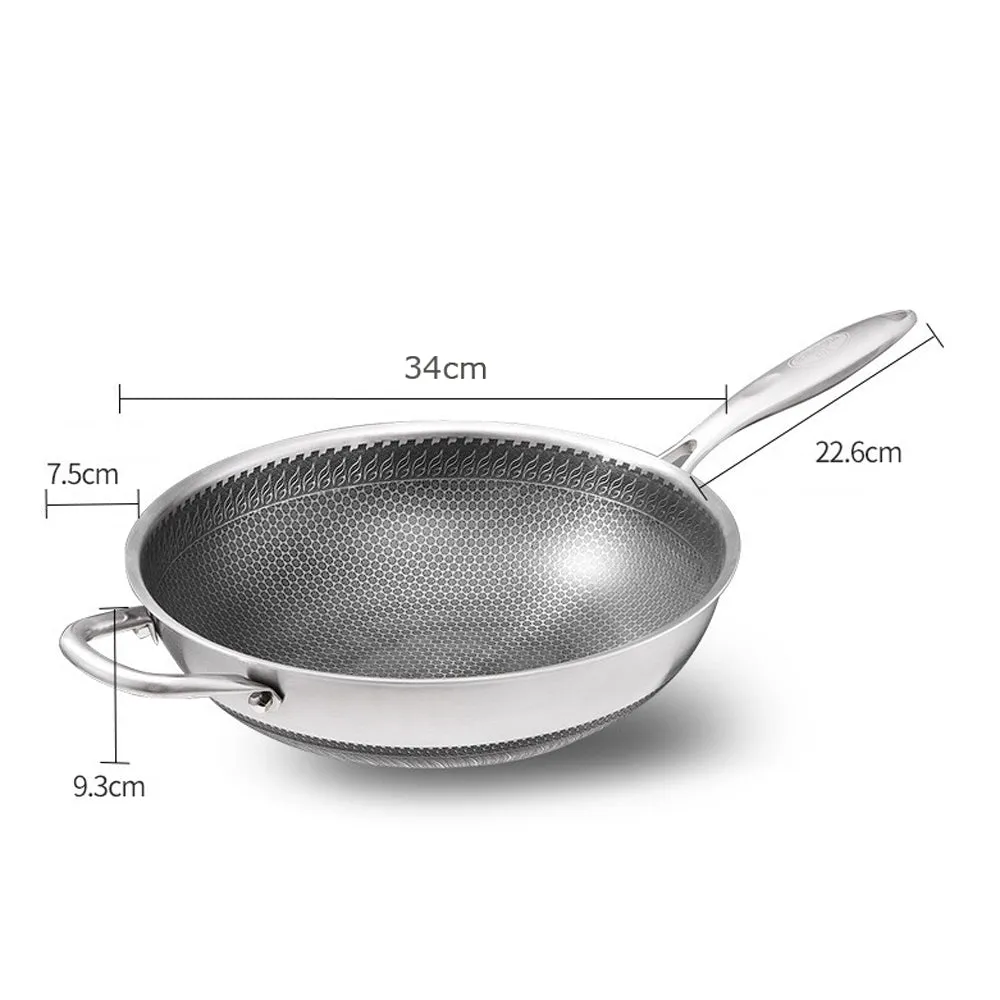304 Stainless Steel 32cm Non-Stick Stir Fry Wok Pan | Honeycomb Double Sided | With Lid