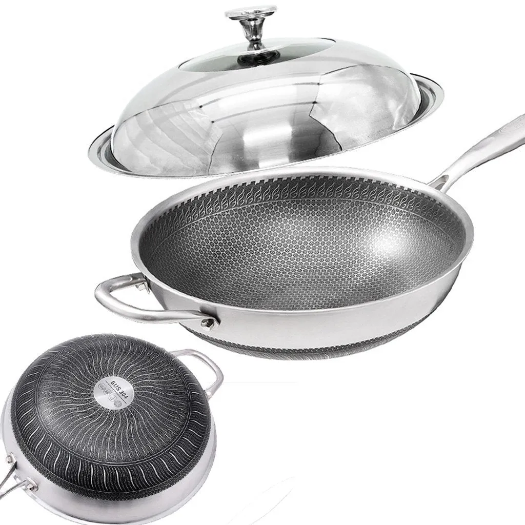 304 Stainless Steel 32cm Non-Stick Stir Fry Wok Pan | Honeycomb Double Sided | With Lid