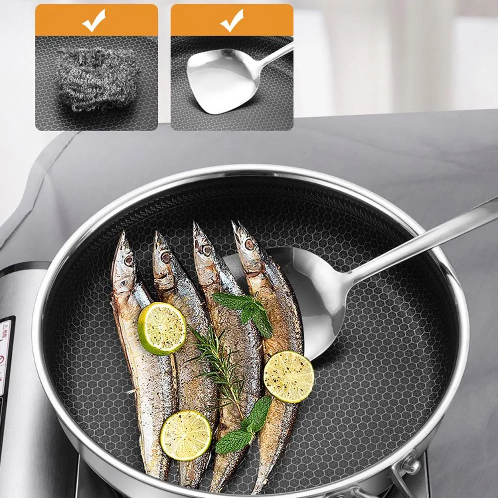 304 Stainless Steel Frying Pan | Non-Stick Cooking Frypan | 28cm Honeycomb Double Sided (without lid)