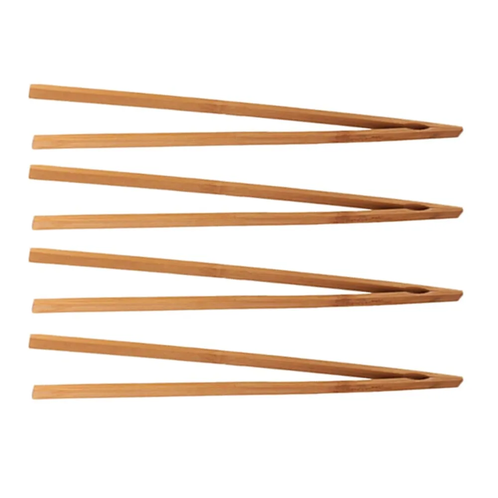 4 Set Bamboo Toast Tongs 12" Bagel Fruit Bread Bacon Straight Arm Toaster Wooden