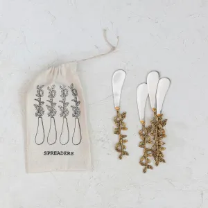 6"L Stainless Steel & Brass Canape Knives w/ Leaves Handles, Set of 4 in Drawstring Bag
