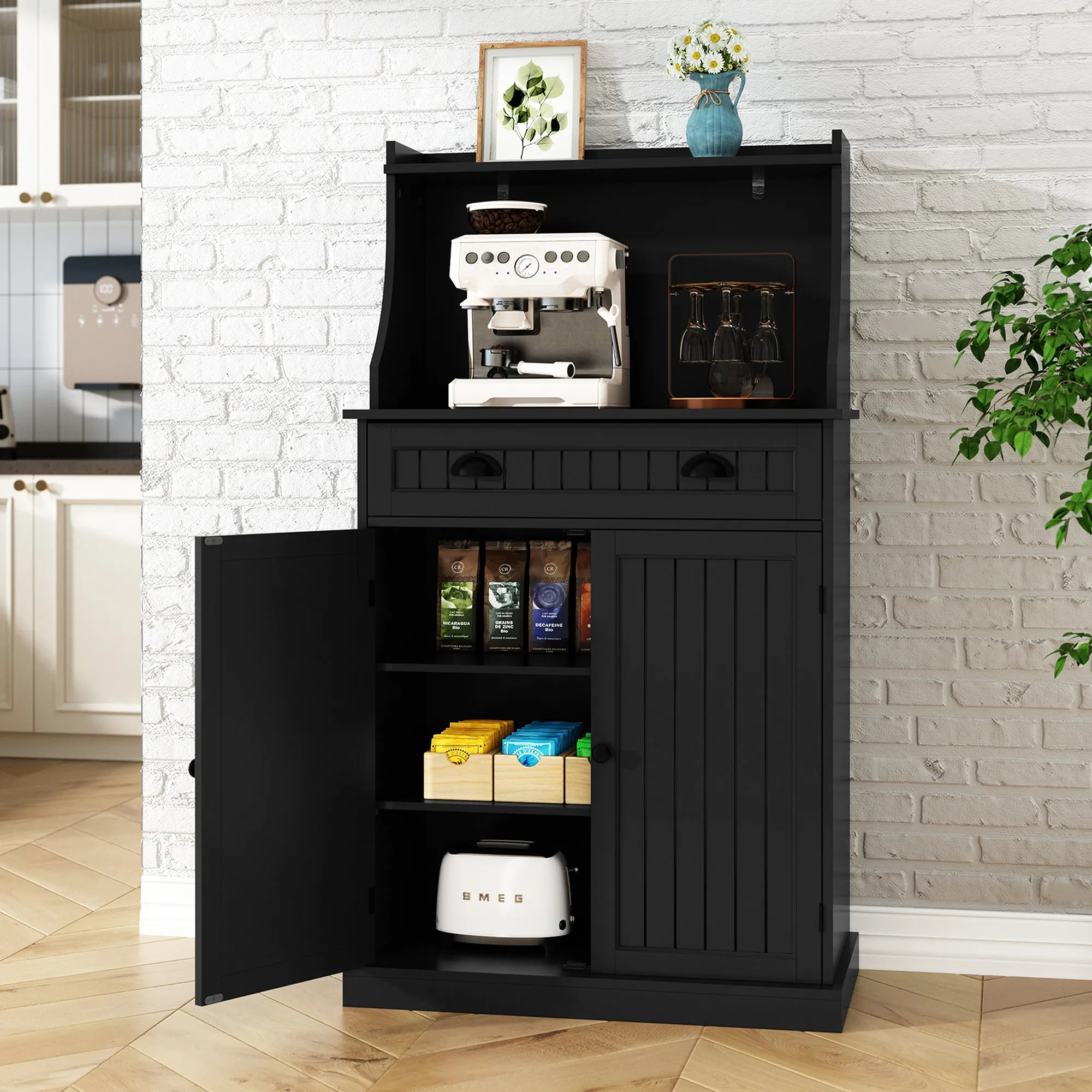 HLR 54" Black Microwave Stand with Drawers & Hutch, Adjustable Shelf Pantry Cabinet for Kitchen, Dining & Living Spaces