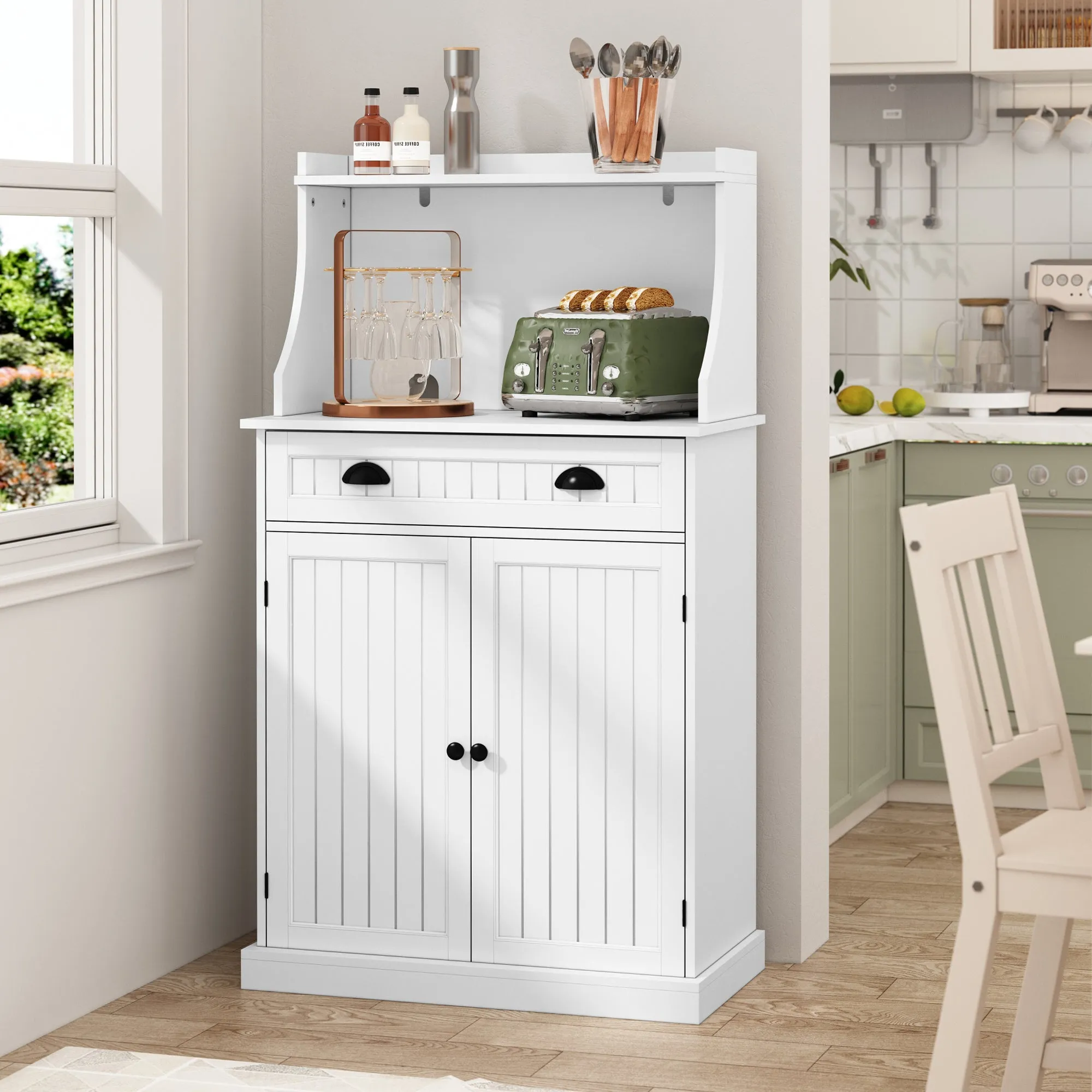 HLR 54" Black Microwave Stand with Drawers & Hutch, Adjustable Shelf Pantry Cabinet for Kitchen, Dining & Living Spaces