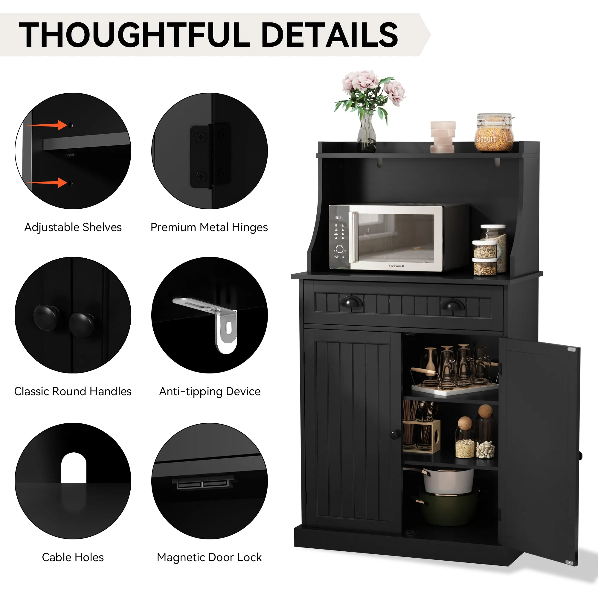 HLR 54" Black Microwave Stand with Drawers & Hutch, Adjustable Shelf Pantry Cabinet for Kitchen, Dining & Living Spaces