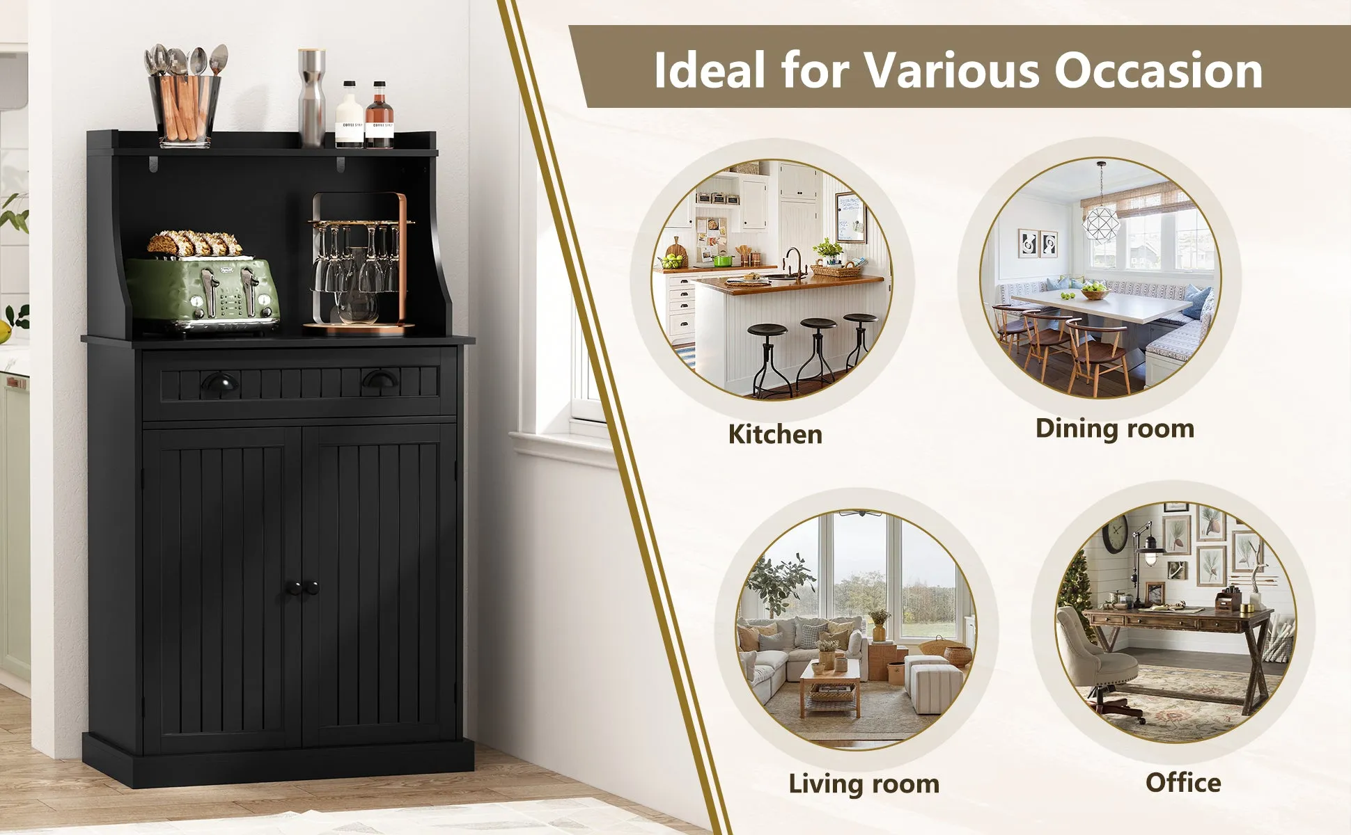 HLR 54" Black Microwave Stand with Drawers & Hutch, Adjustable Shelf Pantry Cabinet for Kitchen, Dining & Living Spaces
