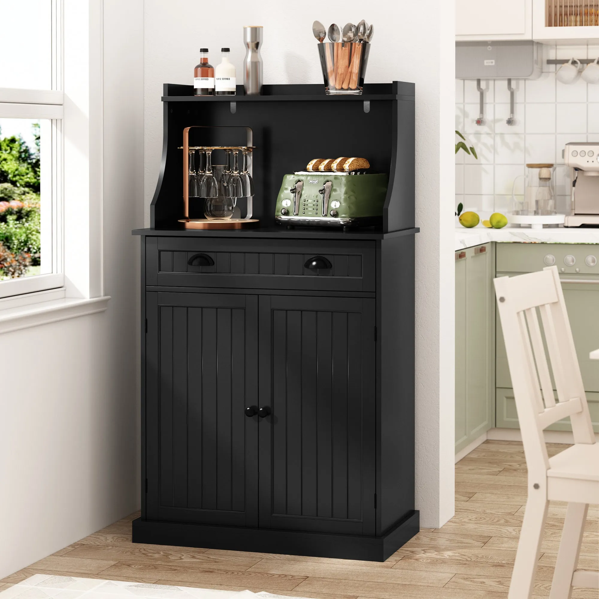 HLR 54" Black Microwave Stand with Drawers & Hutch, Adjustable Shelf Pantry Cabinet for Kitchen, Dining & Living Spaces
