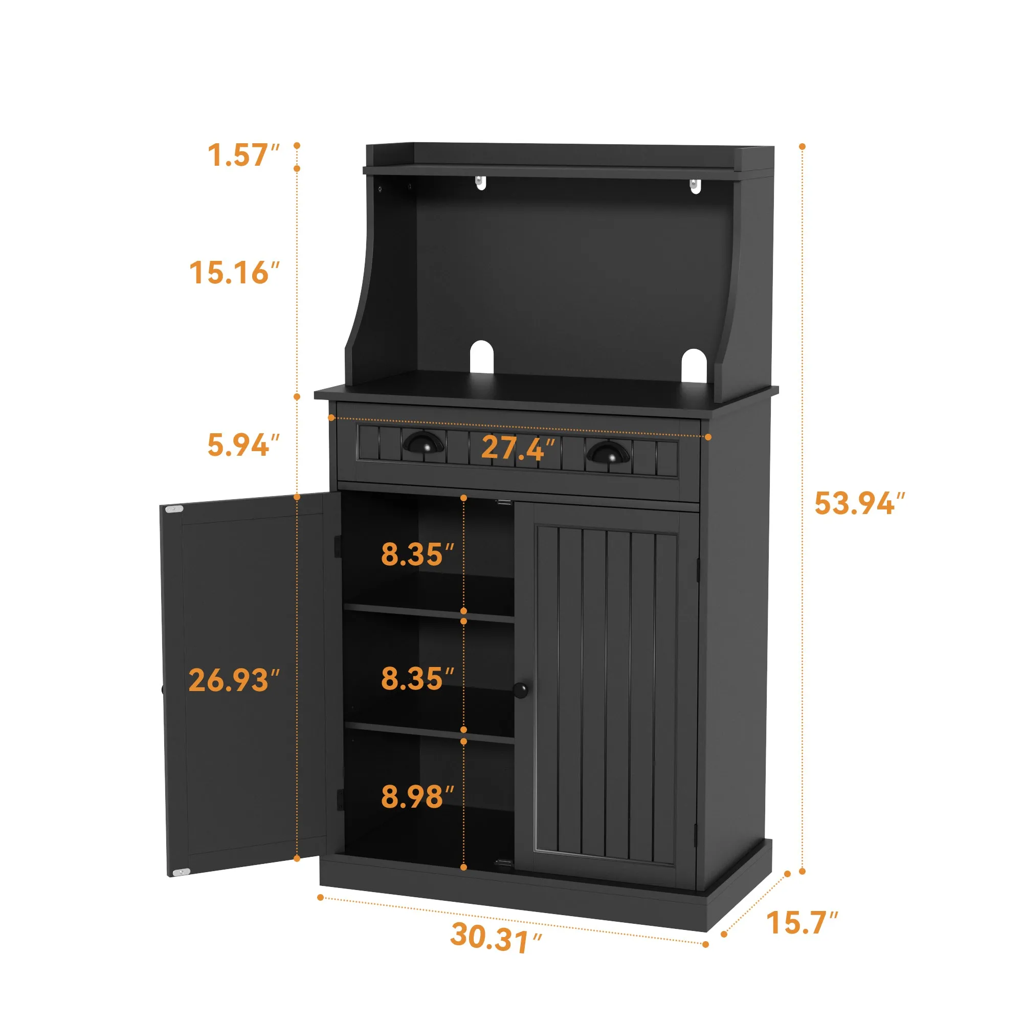 HLR 54" Black Microwave Stand with Drawers & Hutch, Adjustable Shelf Pantry Cabinet for Kitchen, Dining & Living Spaces