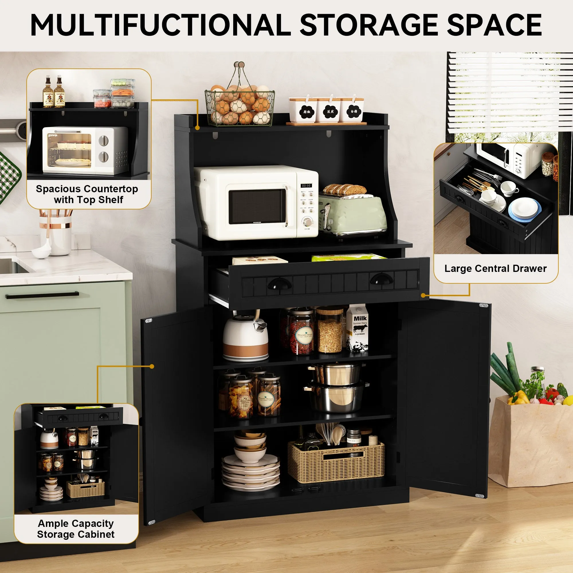 HLR 54" Black Microwave Stand with Drawers & Hutch, Adjustable Shelf Pantry Cabinet for Kitchen, Dining & Living Spaces