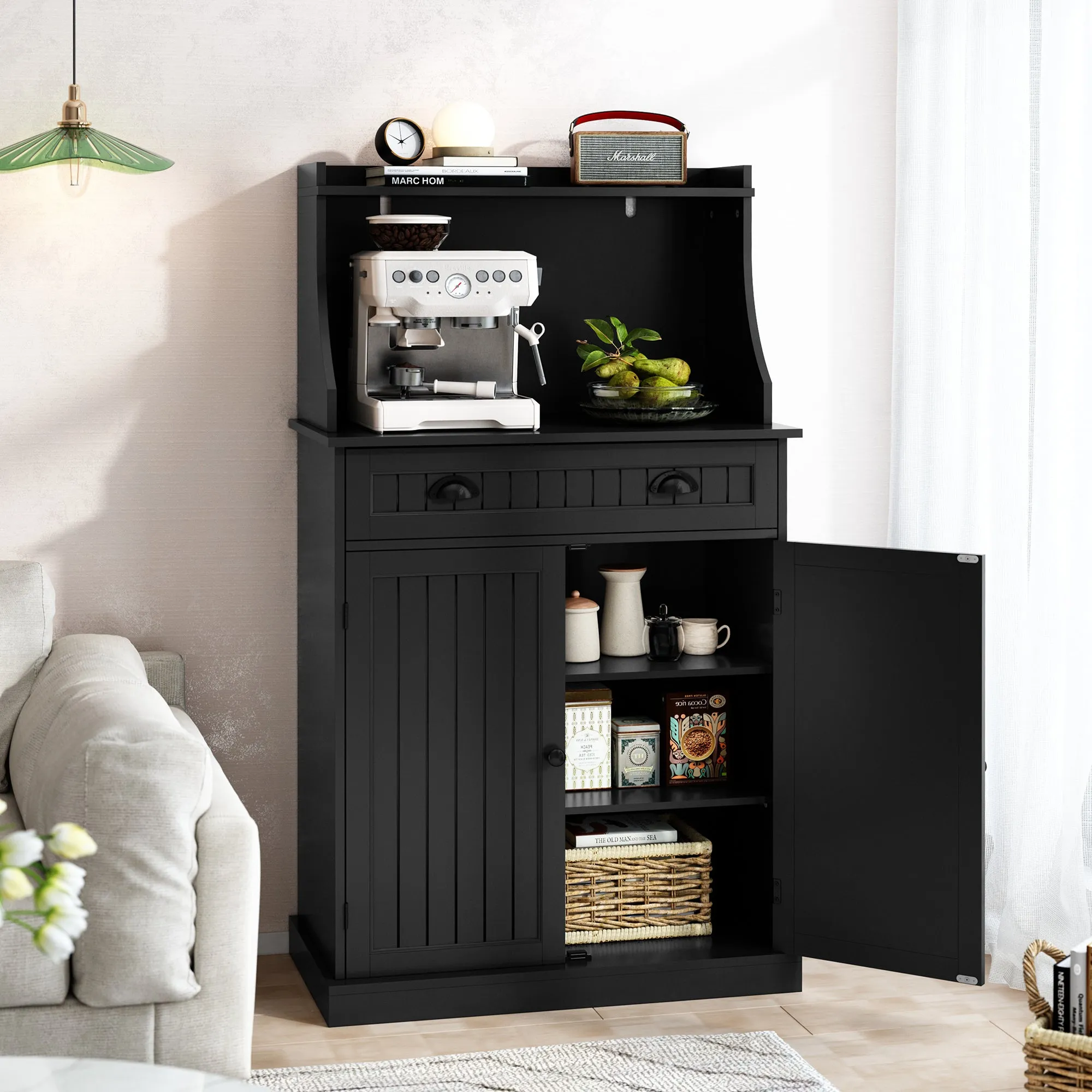 HLR 54" Black Microwave Stand with Drawers & Hutch, Adjustable Shelf Pantry Cabinet for Kitchen, Dining & Living Spaces