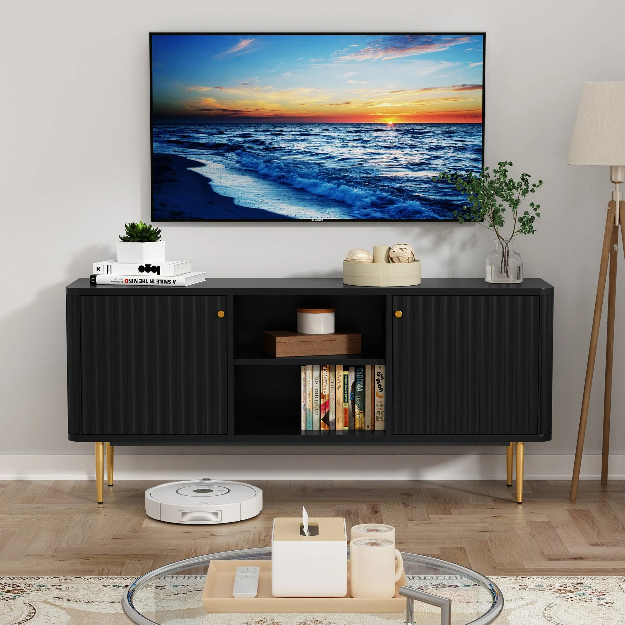 HLR 55" Black Fluted Mid-Century Modern TV Stand, Holds TVs 55-65"  Entertainment Center with Storage for Living & Bedroom