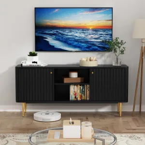 HLR 55" Black Fluted Mid-Century Modern TV Stand, Holds TVs 55-65"  Entertainment Center with Storage for Living & Bedroom