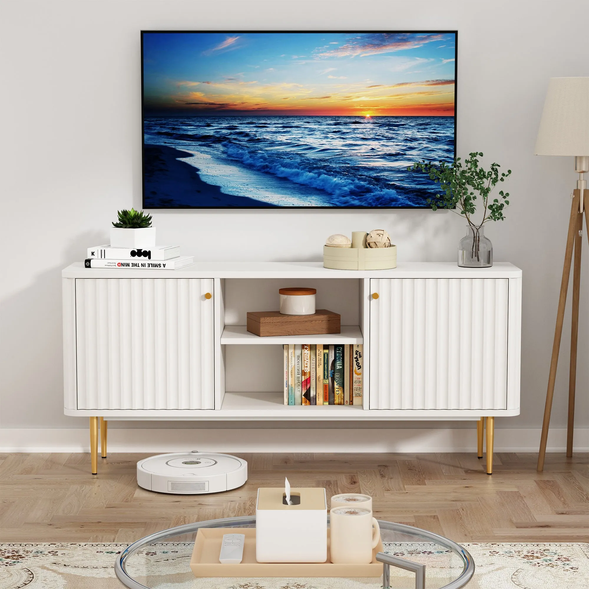HLR 55" Black Fluted Mid-Century Modern TV Stand, Holds TVs 55-65"  Entertainment Center with Storage for Living & Bedroom