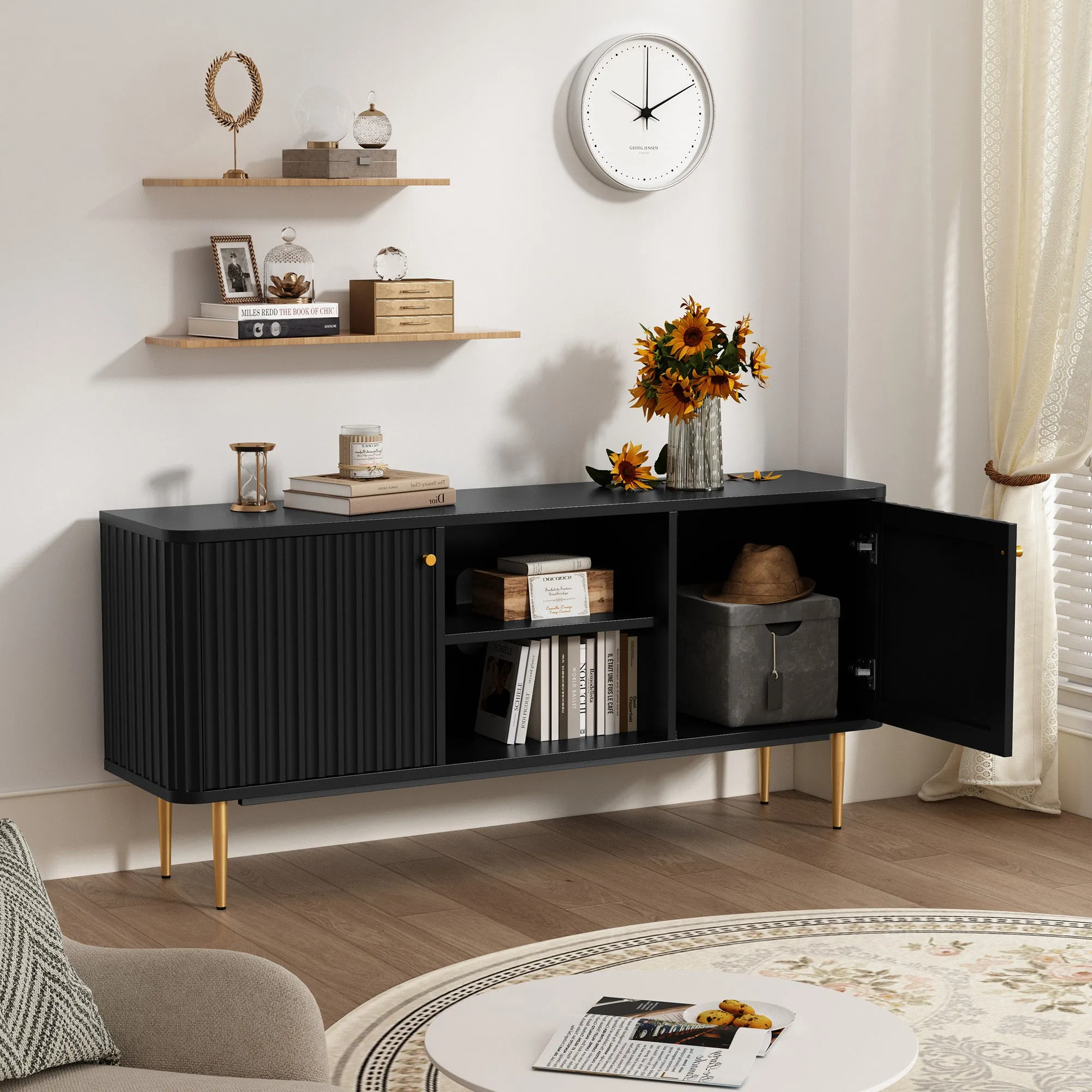 HLR 55" Black Fluted Mid-Century Modern TV Stand, Holds TVs 55-65"  Entertainment Center with Storage for Living & Bedroom