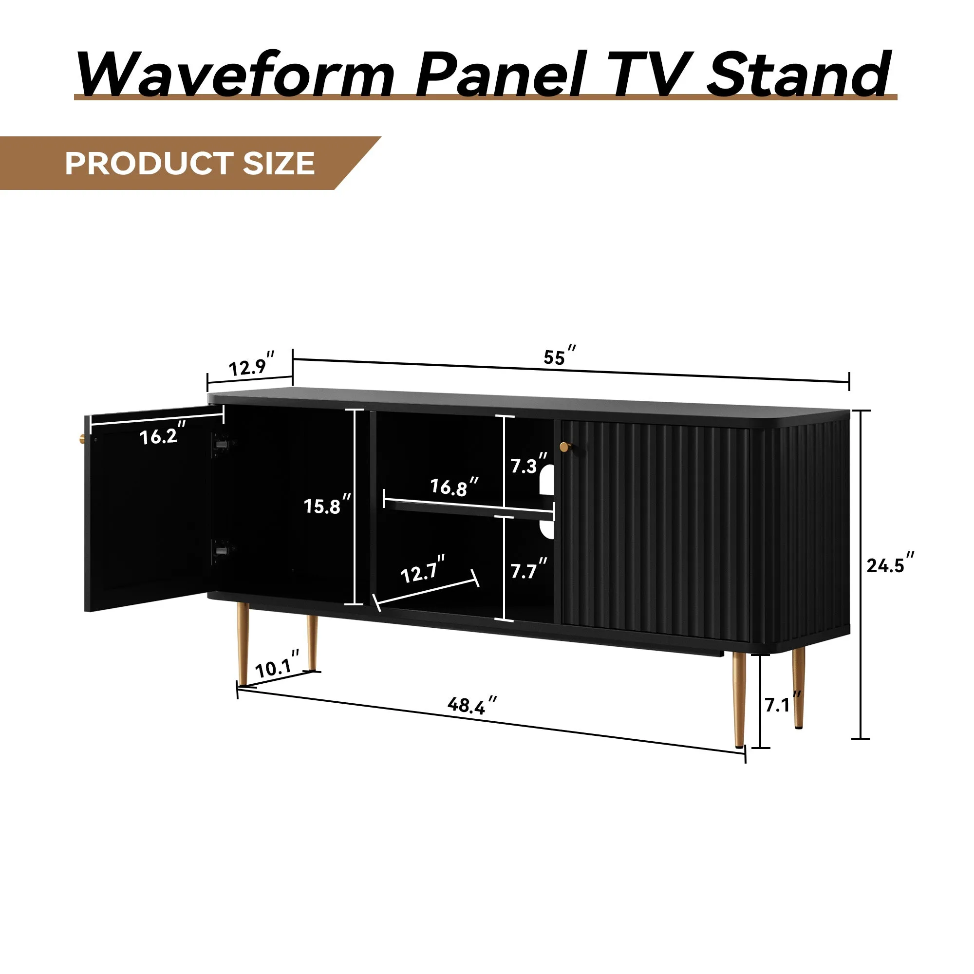 HLR 55" Black Fluted Mid-Century Modern TV Stand, Holds TVs 55-65"  Entertainment Center with Storage for Living & Bedroom