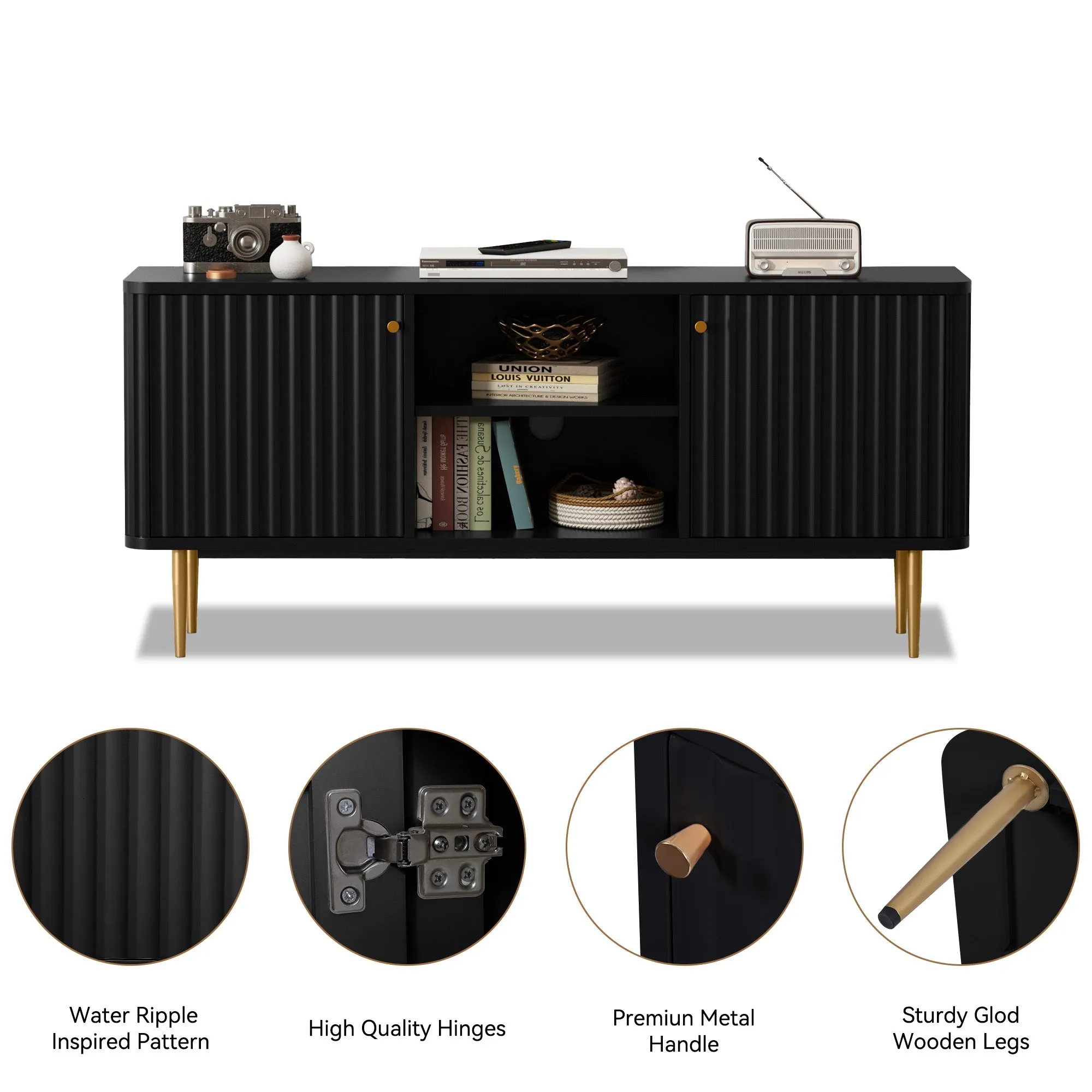 HLR 55" Black Fluted Mid-Century Modern TV Stand, Holds TVs 55-65"  Entertainment Center with Storage for Living & Bedroom
