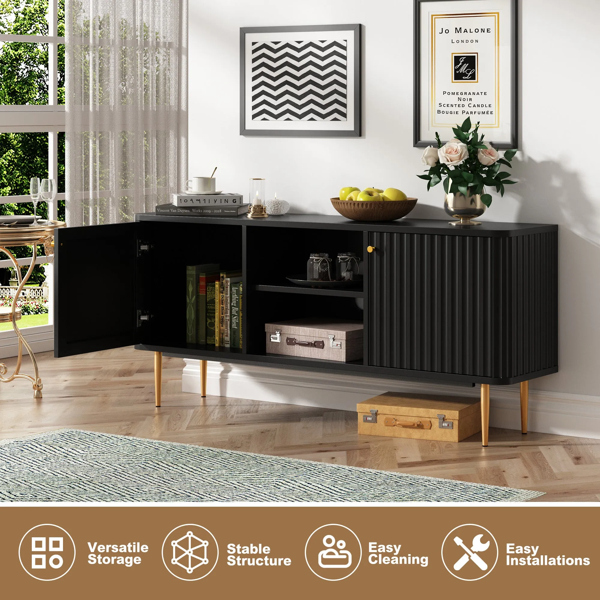 HLR 55" Black Fluted Mid-Century Modern TV Stand, Holds TVs 55-65"  Entertainment Center with Storage for Living & Bedroom