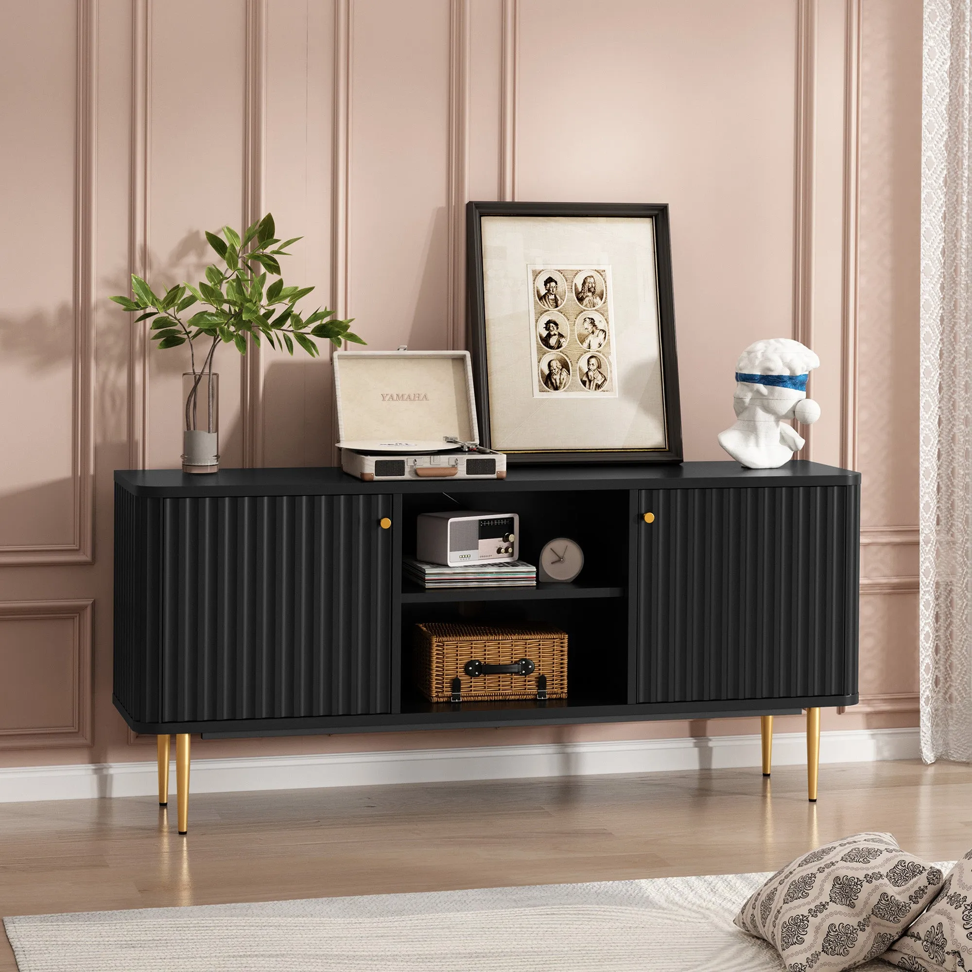 HLR 55" Black Fluted Mid-Century Modern TV Stand, Holds TVs 55-65"  Entertainment Center with Storage for Living & Bedroom