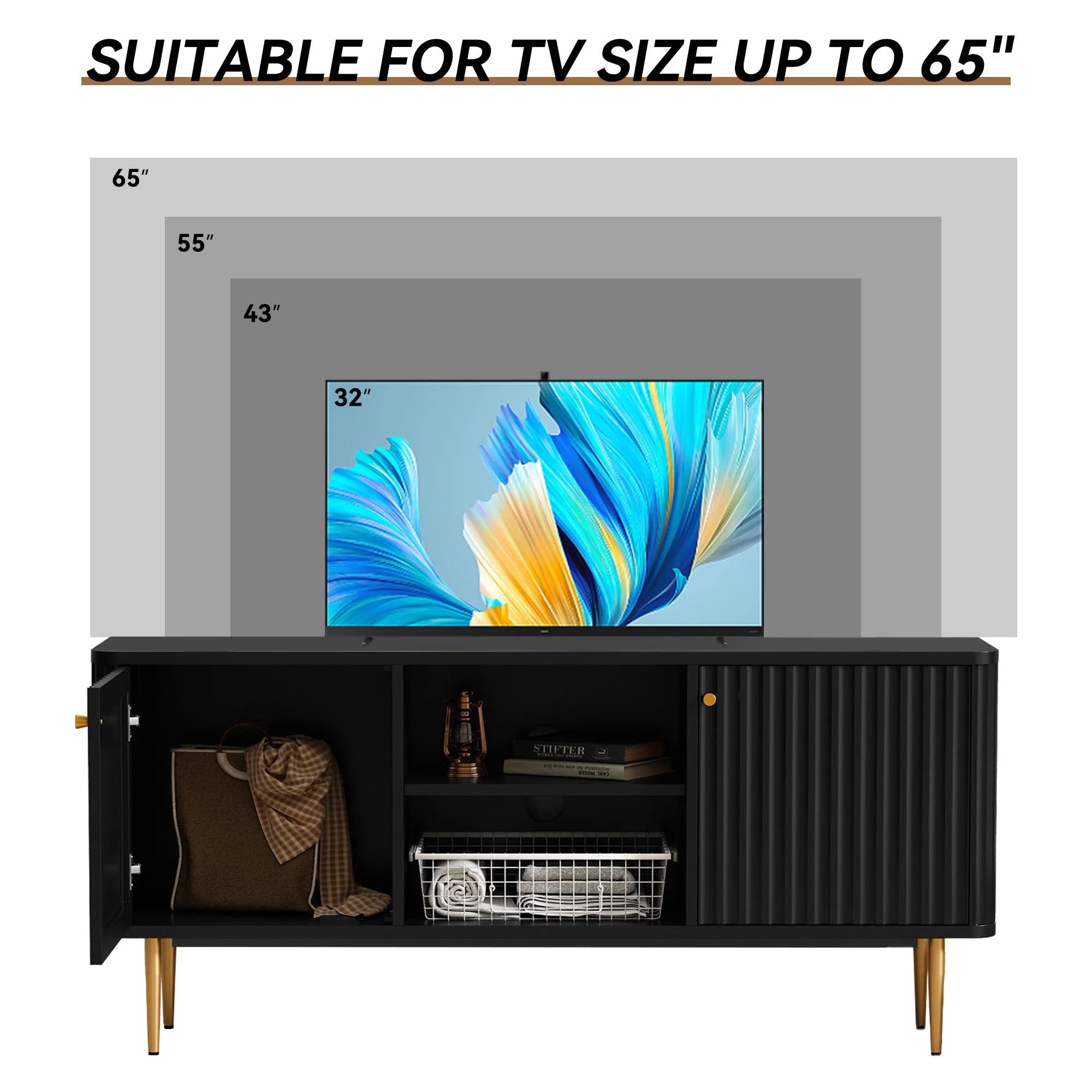 HLR 55" Black Fluted Mid-Century Modern TV Stand, Holds TVs 55-65"  Entertainment Center with Storage for Living & Bedroom