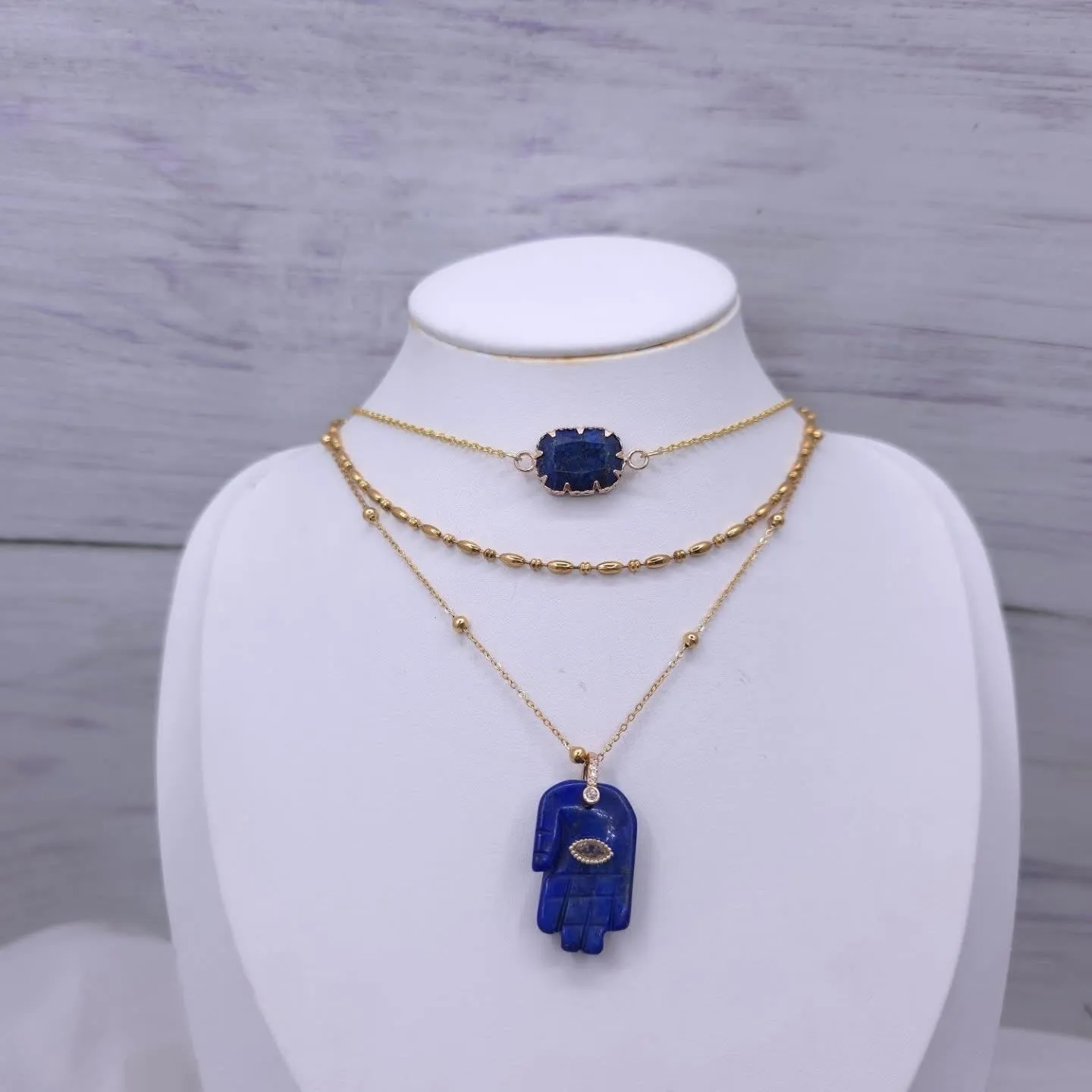 Lapis Lazuli Evil Eye gold plated stainless steel necklace set