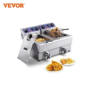 VEVOR Electric Deep Fryer w/Dual Removable Tanks 24L 3000W Commercial Countertop Fryer for Chicken French Fries Frying Chips