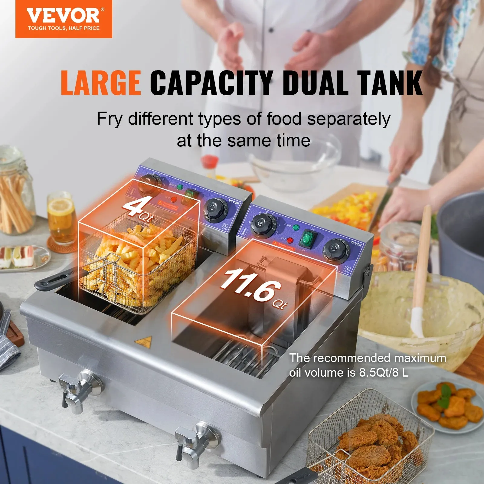 VEVOR Electric Deep Fryer w/Dual Removable Tanks 24L 3000W Commercial Countertop Fryer for Chicken French Fries Frying Chips