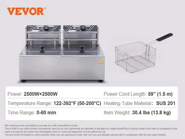 VEVOR Electric Deep Fryer w/Dual Removable Tanks 24L 3000W Commercial Countertop Fryer for Chicken French Fries Frying Chips