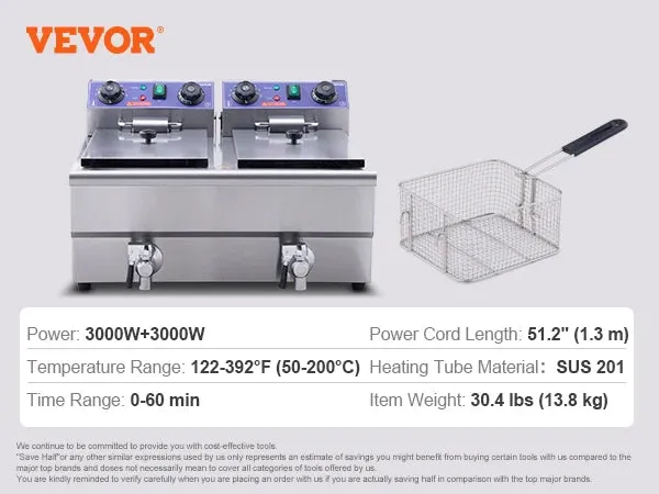VEVOR Electric Deep Fryer w/Dual Removable Tanks 24L 3000W Commercial Countertop Fryer for Chicken French Fries Frying Chips